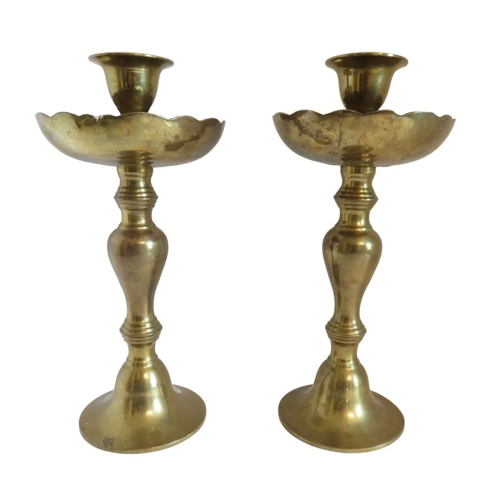 Vintage Solid Brass Scalloped Bobeche‎ Taper Candlestick Holders Pair 8.5 Inch